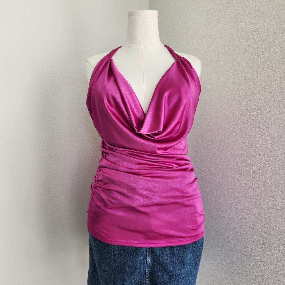 Vintage Y2K Hot Pink Satin Halter Top Cowl Neck Open Back Ruched Wet Seal M L
